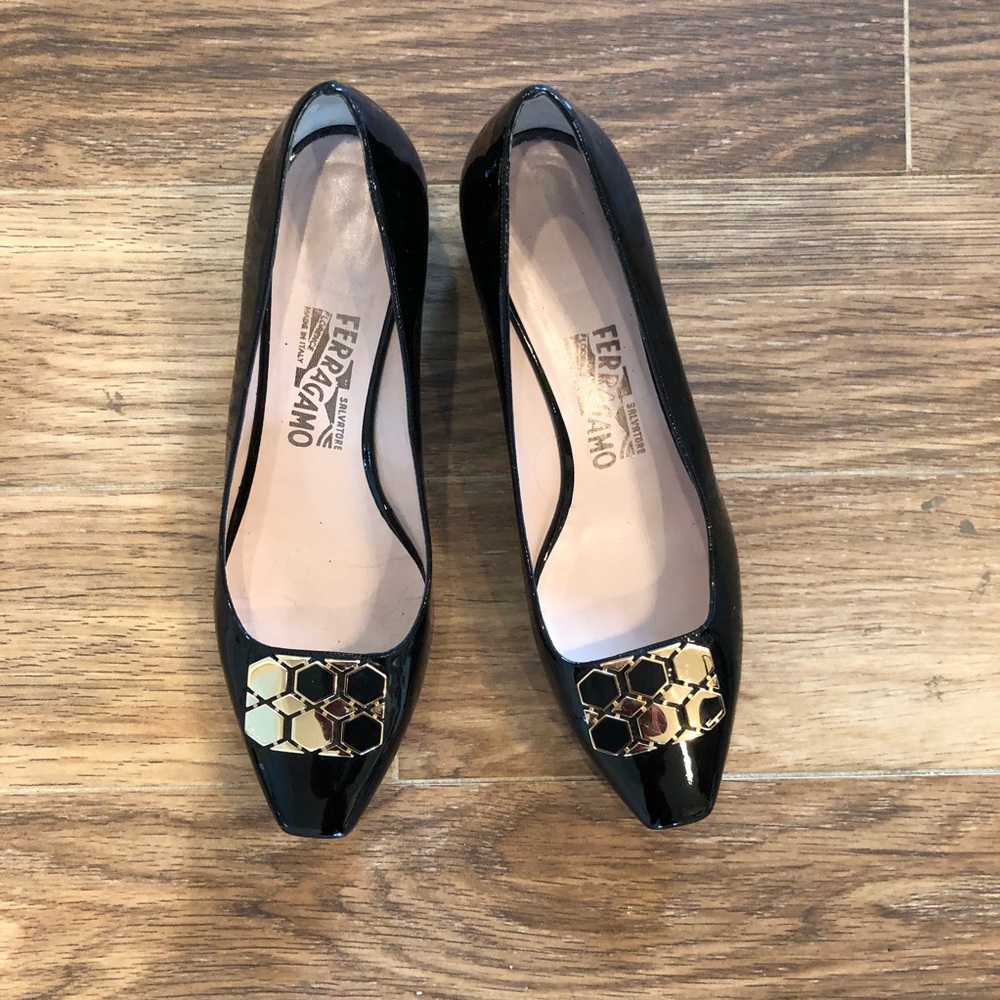 Ferragamo Black Patten Leather Kitten Heels